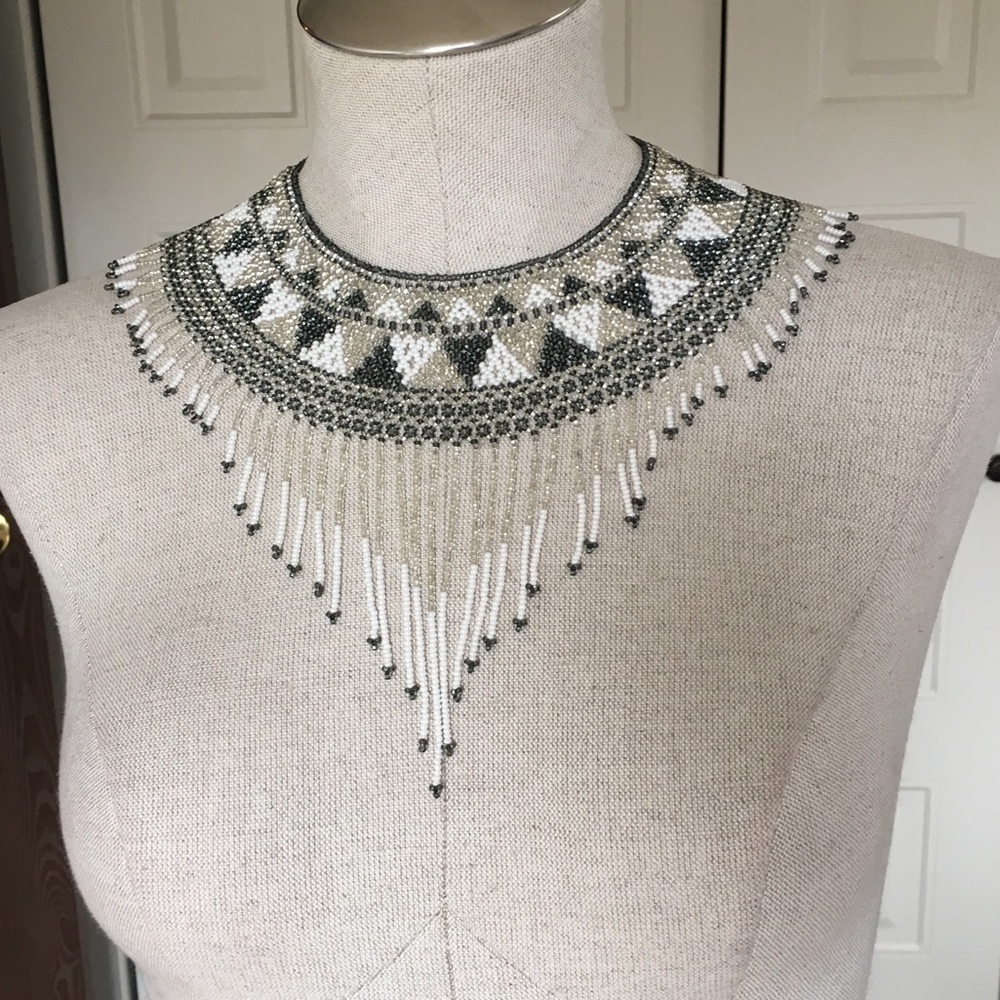 Beaded Collar Bib Necklace With Fringe